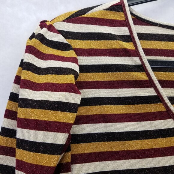 David Lerner Shimmer Stripe Top Women's XL V-Neck Puff 3/4 Sleeve Gold Red NEW - Picture 6 of 16